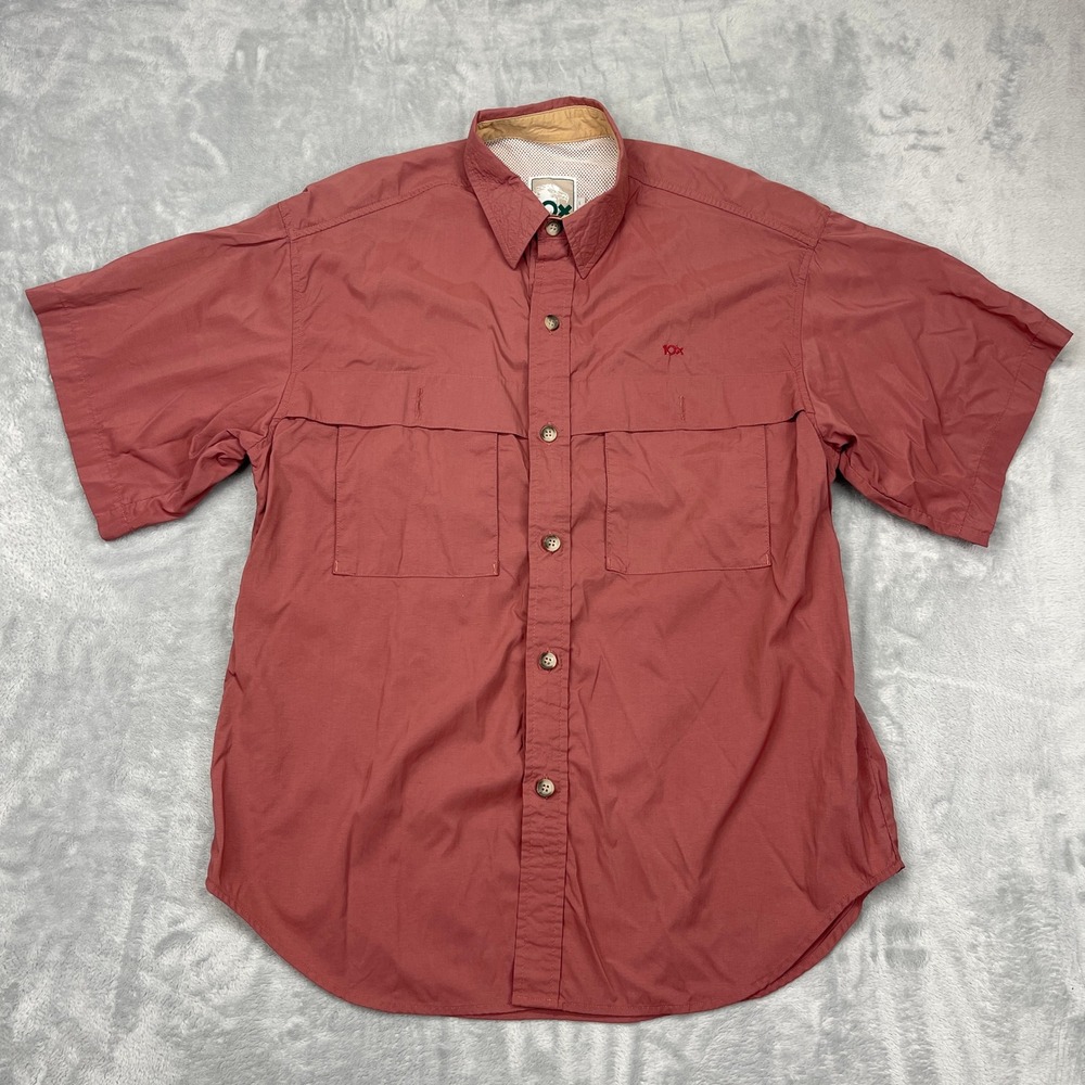 10X Fishing Shirt Mens Large Rust‎ Red Vented Short Sleeve Button Up Outdoor
